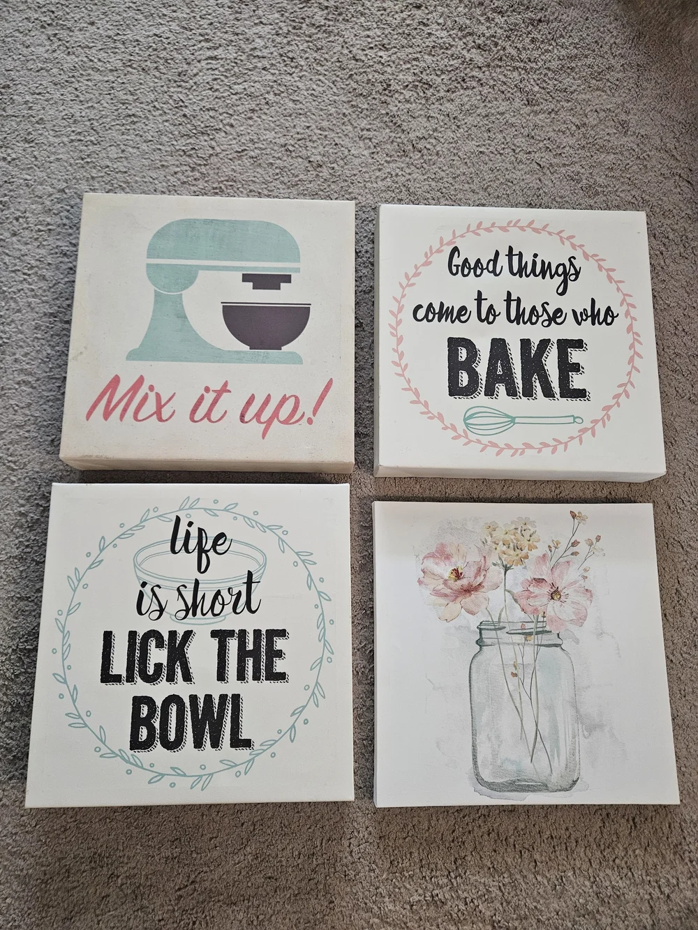 Mix It Up! and Bake Wall Art Set - Pastel Pink & Teal Kitchen Decor